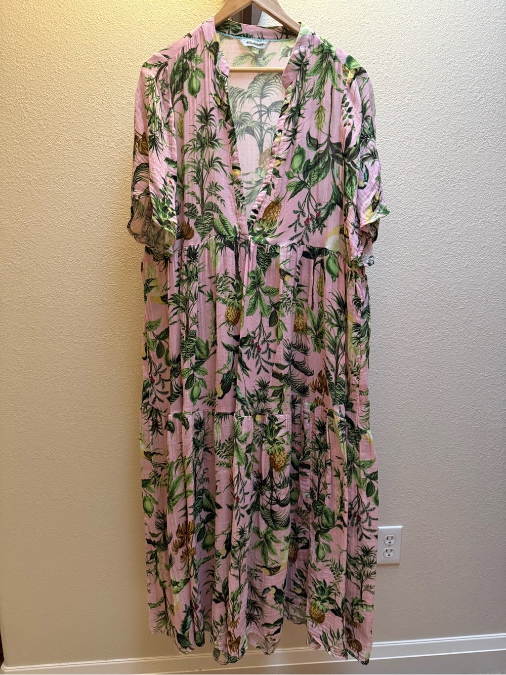 Pink Tropical Print V-Neck Maxi Dress